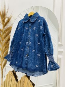 Meltz.id - Atasan Kemeja Jeans Anak Perempuan Lengan Panjang Snow Bordir Pita