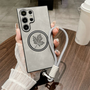 Zeallion Retro Leaf Maple Leaf Leather Matte Wrist Strap Phone Case for [Samsung S25 S24 FE S23 S22 Plus Note 20 Ultra] Frosted Shockproof Lanyard Cover