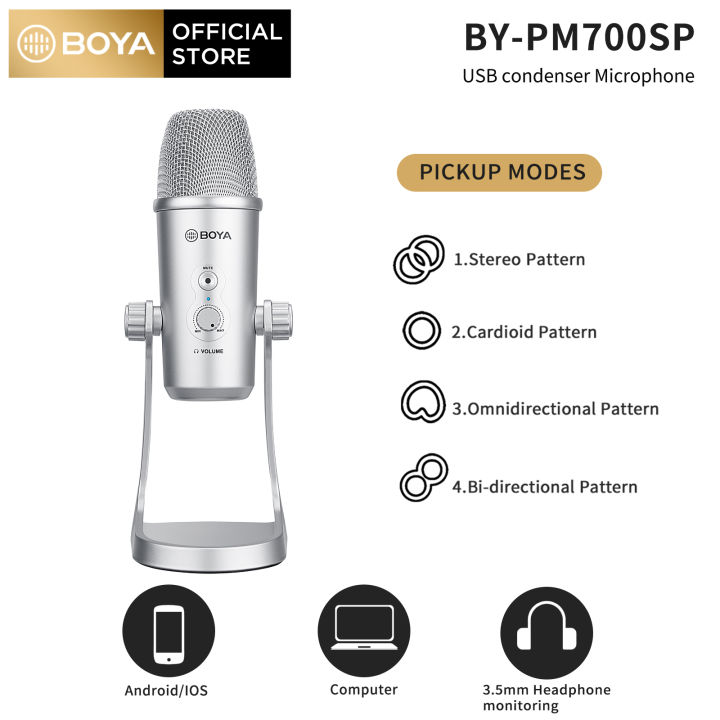 Boya BY-PM700SP Microfono USB A Condensatore – Per IOS, Android, Windows E Mac, Con 4 Schemi Polari