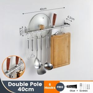 304 Stainless Steel Punch Free Kitchen Hook Rack Hanging Rod Wall Mounted Utensil Storage Organizer