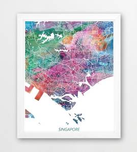 Singapore Map Colorful Watercolor Print Art Poster City Street Road Map