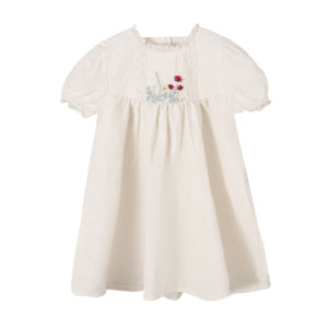 lontakids Kids Girl Summer Cotton Dress White Beige Wide Sleeves Princess Dress Lace Embroidered Baptism Clothes Korean Version