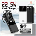 20000mAh Power Bank Fast Charge Portable Powerbank Built In 4 Cables For iPhone Samsung QC PD 22.5W Charge Flashlight. 