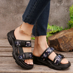 [Free Shipping] WomenS Thick-Soled Wedge Sandals 2025 Summer New Style With Buckle Straps Camouflage Pattern And A Platform Sole Perfect For Beach Wear