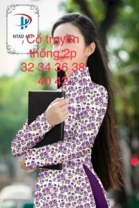 Áo dài truyền thống Trắng hoa tím cổ 2 phân tay dài-ảnh thật hàng may sẵn