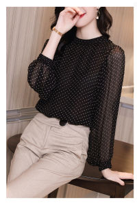 Tay Áo Dài AMMIN Áo Sơ Mi Lụa Cho Nữ Áo Kiểu Dáng Đơn Giản Màu Đen Phong Cách Mới Chấm Bi Khí Chất Chấm Bi Áo Lụa Dâu Tằm