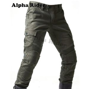 Mens Motorcycle Denim Jeans Motorbike Riding Biker Trousers Combat Distressed Pants Knee Hip Guards Protective Pads Army Green