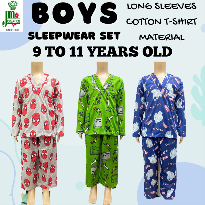 9 TO 11 YEARS OLD BOYS LONG SLEEVES COTTON TSHIRT PAJAMA SET BY JM