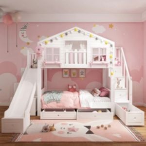British Style Childrens Double-decked Tree House Bed Modern High And Low Princess Solid Wood Castle Bed