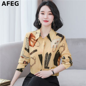 AFEG new Korean version fashion loose all-match temperament chiffon print long-sleeved blouse for women