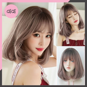 Tóc giả nữ nguyên đầu CAO CẤP nâu hồng tóc ngang vai cụp đuôi mái thưa giống tóc thật Qiqishop