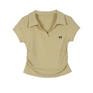 Y2K Polo Shirt for Women Collared Short Sleeve Bow Embroidery Pleated Waist Tops