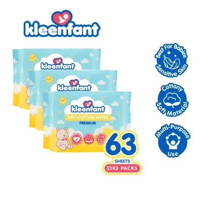 Kleenfant Premium Dry Cotton Wipes 100% Plant Fiber Fragrance Free Extra Soft & Thick 68 Sheets (Pack of 3)