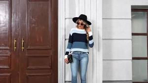 FEKOAFE Womens 2025 Cute Striped Sweater Round Neck Long Sleeve Pullover Sweater