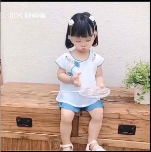S03-19 Setelan baju cheongsam dan celana pendek anak perempuan