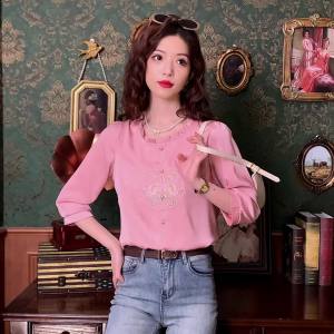 Ammin สูงสำหรับผู้หญิง เสื้อปักลาย 2024 วินเทจ ราคาถูกต้อง ถูกเหมาะสม แขนสั้น คอกลม ลาย ราคาที่เหมาะสม บริเวณสำหรับฤดูร้อน