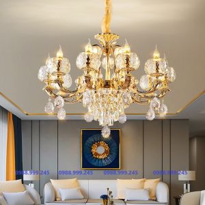 Đèn chùm pha lêđèn chùm thả trần trang trí dành cho phòng khách mạ vàng 24k kiểu dáng sáng trọngtinh tếhiện đại