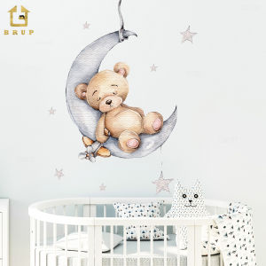 เด็กน่ารักหมี Crown Sleeping บนดวงจันทร์สติ๊กเกอร์ติดผนังสําหรับห้องพักเด็กเด็กตกแต่งสถานรับเลี้ยงเด็กอุปกรณ์ตกแต่งห้องนอนสติกเกอร์