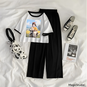 Setelan Anak Tanggung / ABG Korea Style Kaos Crop Motif Happy Girls Dan Celana Kulot