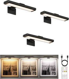 EZVALO Picture Light for Wall Rechargeable 2400mAh Battery Lights Wireless with IR Remote 3 Color & Dimmable Magnetic 7.8 LED Lights Display for Painting Living Room Gallery Bedroom(Black-3P)
