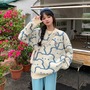 Pullover Sweater Pasangan Memakai Beruang Lucu Pria Dan Wanita Rajutan Jepang Sweater Longgar Leher Bulat Top