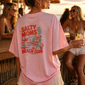 [Local Stock] HBESTY  Crew Neck Short Sleeve Sunglasses T-Shirt Salty Moms Beach Club Red Text Beach Chair Cooler Drink Stars Beach Vacation Tops Tee