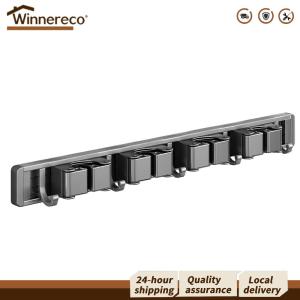 [Winnereco Flagship Mall] Broom Holder Wall Mount Garage Storage Rack with Hooks Broom and Mop Holder Wall Mounted Broom Organizer for Home Kitchen Garden Laundry Garage
