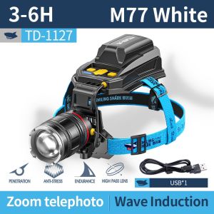 SmilingShark ไฟหน้า10000LM ไฟฉาย M77 Led ที่แข็งแกร่งสดใสชาร์จไฟได้หัวกันน้ำซูมได้แบตเตอรี่อายุการใช้งานยาวนานแสงแฟลชกลางแจ้งตะเกียงกลางคืนเคลือบไฟซีนอนตกปลา