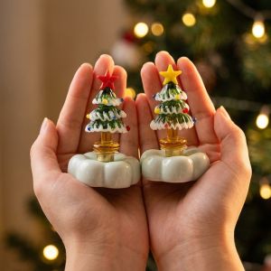 MARBLEX Star Topper Glass Christmas Tree Figurine Rotating Base Solid Glass Christmas Tree Ornament  DIY Assembly Christmas Tree Statue Tabletop Decoration
