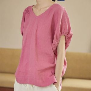 LUCKIN STORE Womens Embroidered Linen Top Elastic Loose Short sleeved Embroidered Cotton and Linen V-neck Bubble Sleeve Solid Color Thin Top Pullover Art Leisure Summer New Style