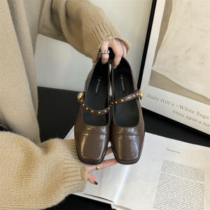 2024 Summer Square Headed Single Shoes Womens Straight Line with Shallow Mouth Thick Heels Casual Shoes