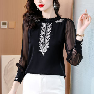 AMMIN 2025 Autumn New Fashion Ruched Ruffle Patchwork Stand Collar Long Sleeve Commuter Shirt for Women Korean Style Fashion Exquisite Floral Embroidery Design Simple Solid Color Elegant Blouse