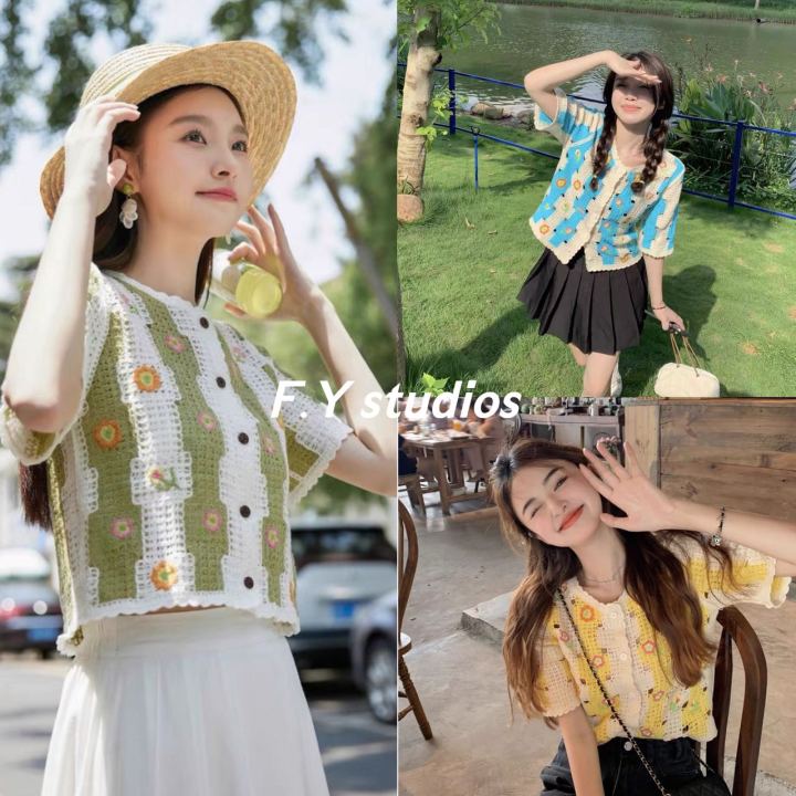 𝙁.𝙔 𝙨𝙩𝙪𝙙𝙞𝙤𝙨 🌸พร้อมส่งจากไทย🌸NO.213 เสื้อถัก แขนสั้น คอวี ลายดอกไม้ ...
