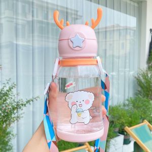Viral Cute 600ml Antler Deer Horn Drinking Water Bottle Kid with Straw and Strap | Botol Air Minuman Kanak Tanduk | 网红儿童鹿角卡通水瓶