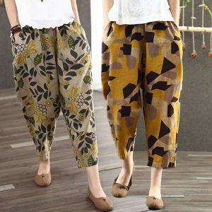 T&Y. Korean 3/4 elastic waist loose harem pants floral printed pockets pants cotton linens pants #705