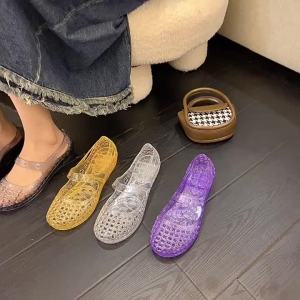 [Free Shipping] Fashionable Crystal Womens Sandals New Summer Style Versatile Non-Slip Thick-Soled Wedge Heel Breathable Hollowed-Out Closed-Toe Slippers
