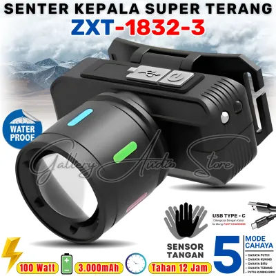 Senter Kepala Zoom LED 100W ZXT-1832-3 Super Terang | Senter Kepala 3 Warna Cahaya / Sensor Tangan / Teleskop / 100 Watt / 1800mAh / Tahan 8 Jam / Headlamp 3 Warna ZXT-1832-3 Premium Cahaya Putih Kuning Biru Tahan Air Charger USB Tipe-C | Gallery Audio