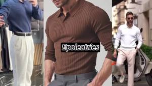 Mens Long Sleeve Knit Polo Lightweight Ribbed Shirt Polo Autumn Winter Warm Pullover Shirt with Collar