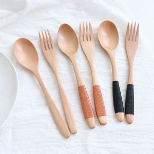 FLOW TOP Wooden 2PCS Rice Cereal Utensil Soups Dinnerware Sets Tableware Spoon Fork