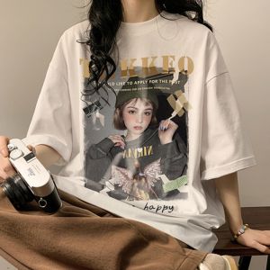 Korean Retro Girls Print Oversized Tee Loose Men & Women Plus Size Couple Short-sleeved T-shirt Tops