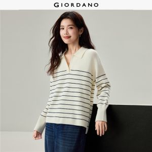 Giordano Beau Monde Women Striped skipper collar high-low hem sweater Free Shipping 13356636
