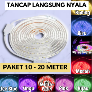 PAKET 10 / 20 METER LAMPU LED STRIP 5050 / 2835 / 3528 PLUS SOCKET AC 220V / LANGSUNG NYALA DAN PASANG TANPA RIBET MURAH PROMO CUCI GUDANG