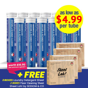 SESSOM & CO Denture and Retainer Cleanser 180 Tablets + Free Laundry Detergent & Floor Cleaning Sheet 60 Sheets Each