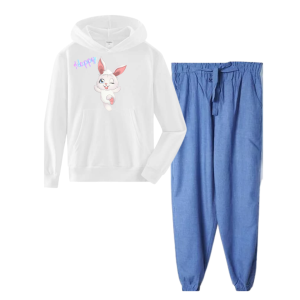Joy Sana Baju Setelan Wanita Remeja Happy Bunny / Sweater Hoodie Happy Bunny dan Celana Panjang Kain Warna Biru