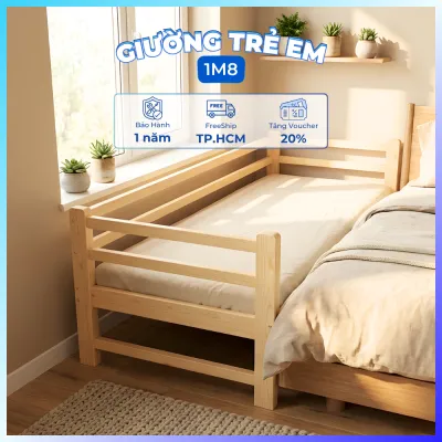 Giường Ngủ Gỗ Ghép Cho Trẻ Em 1m8 Có Thanh Chắn Giường Ngủ Rộng Rãi Chắc Chắn Cho Bé Và Gia Đình