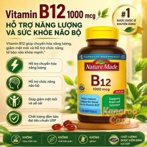 Viên uống Nature Made Vitamin B12 1000mcg - 150 viên / 400 viên - Duy trì mức vitamin B12 đầy đủ có thể giúp ngăn ngừa nguy cơ thoái hóa điểm vàng liên quan đến tuổi tác. Tăng cường B12 giúp cải thiện sức khỏe xương ngừa loãng xương.