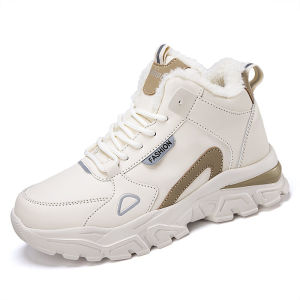 CODWaterproof Leather Upgraded Version High Help Womens Sport Shoes Warm Cotton Travel Shoes Black Tying round Head EVA Bottom