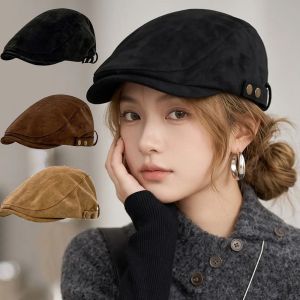 ZHUJI Metal Button Suede Beret Hats Warm Slim Face Forward Hats Versatile Adjustable Newsboy Cap Women