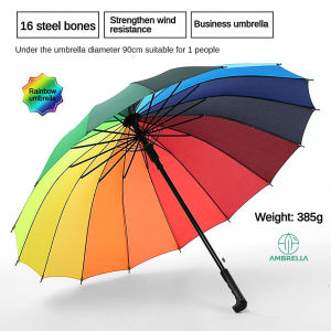 (Ship in 12hrs)AMBRELLA 16 Bone Long large(big) straight Handle Rainbow umbrella quality Reinforced Windproof rainproof lightweight umbrella