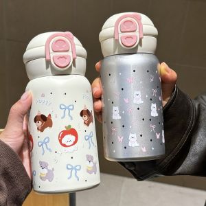 NCNC(OKDEALS01) Straw Design Bow Cat Thermos Cup Leak-proof Keep Drinks Hot And Cold Bouncing Insulated Tumbler Cute Interesting Design Thermal Water Bottle Travel